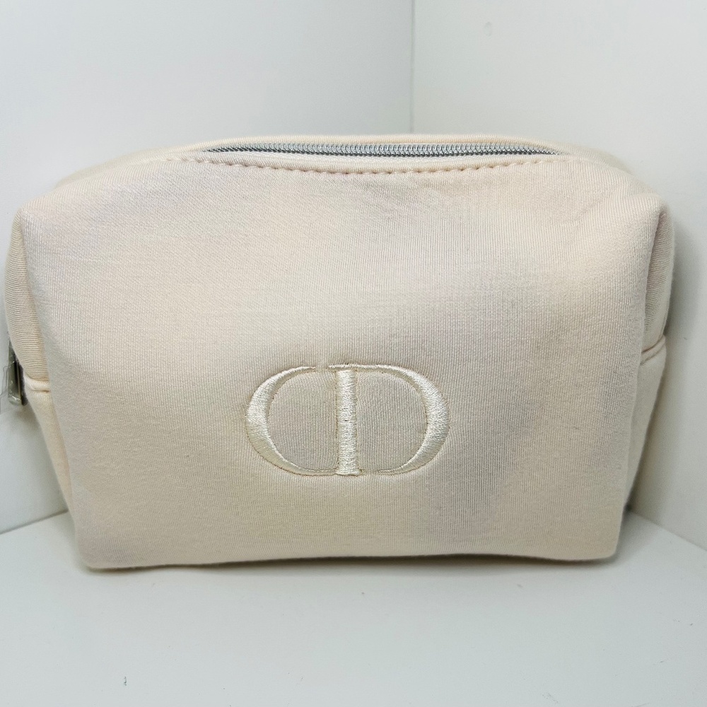Dior Cosmetic Pouch/Bag Cream color with Silver Zipper and Embroidered logo
